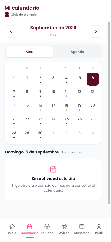 Vista Mes del calendario de staff, con el día seleccionado y los puntos de actividad