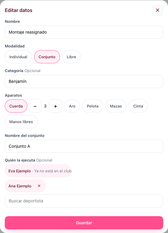 Editar datos del montaje en la app de staff con Ana Ejemplo asignada y el botón Guardar
