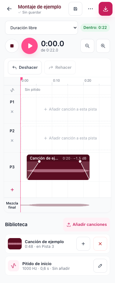 Editor en móvil con una canción en la Pista 3, el botón de guardar y los controles Deshacer y Rehacer